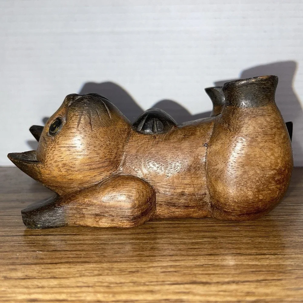 Vintage Hand-Carved Wood Cat Shelf Sitter - Whimsical Reclining Siamese Folk Art